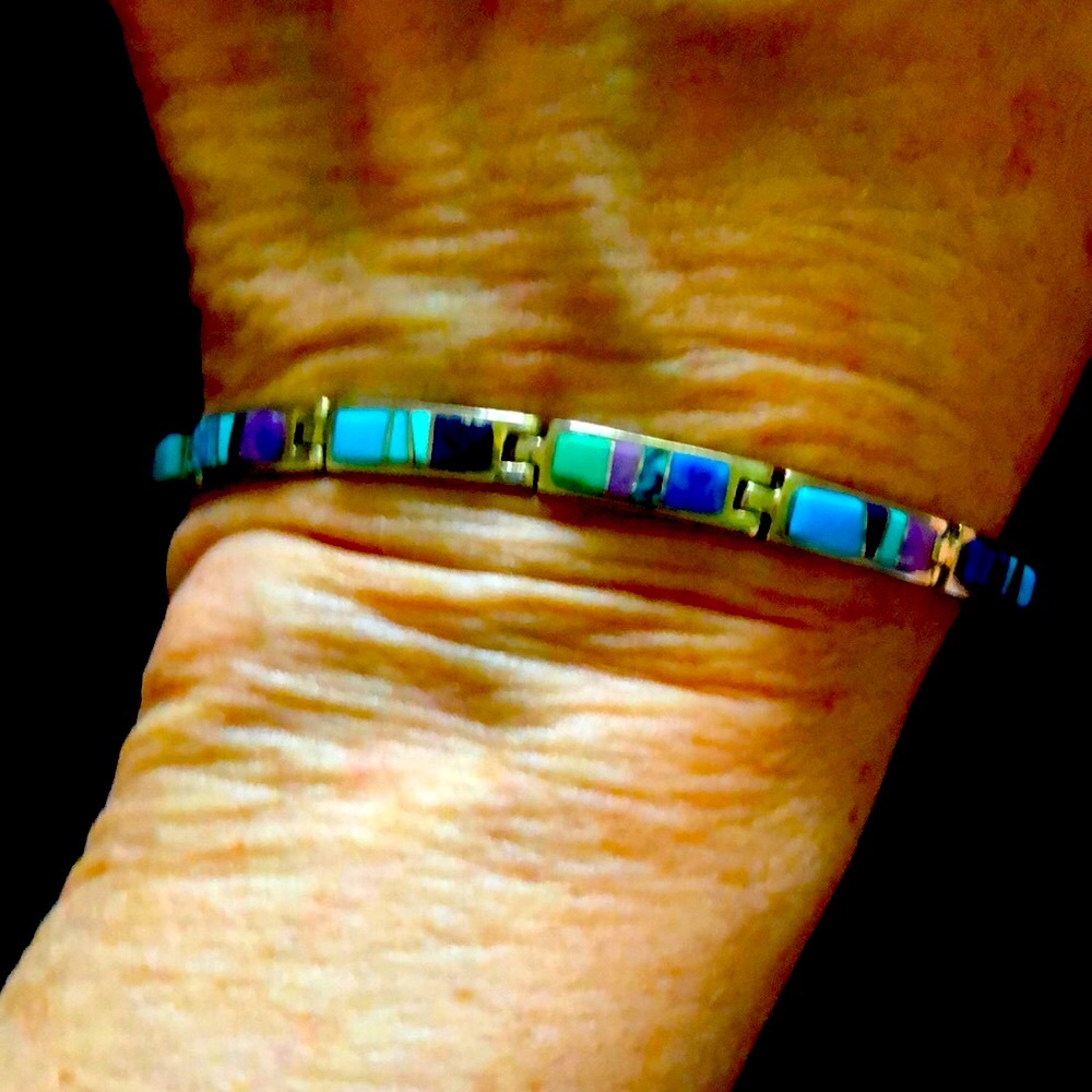 Turquoise, lapis & onyx Signed Sterling Bracelet